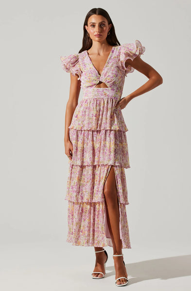 emporia floral pleated tiered midi dress ASTR Emporia Floral Pleated Tiered Midi Dress In Lavender Blue Floral