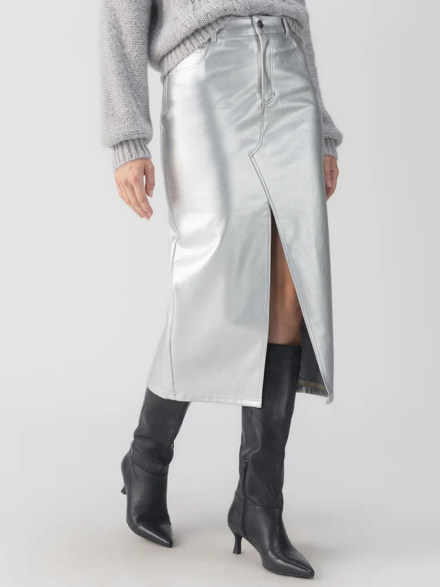 Silver Leather Like Midi Skirt