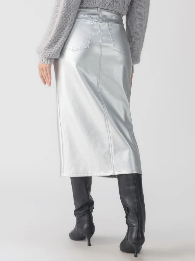 Silver Leather Like Midi Skirt