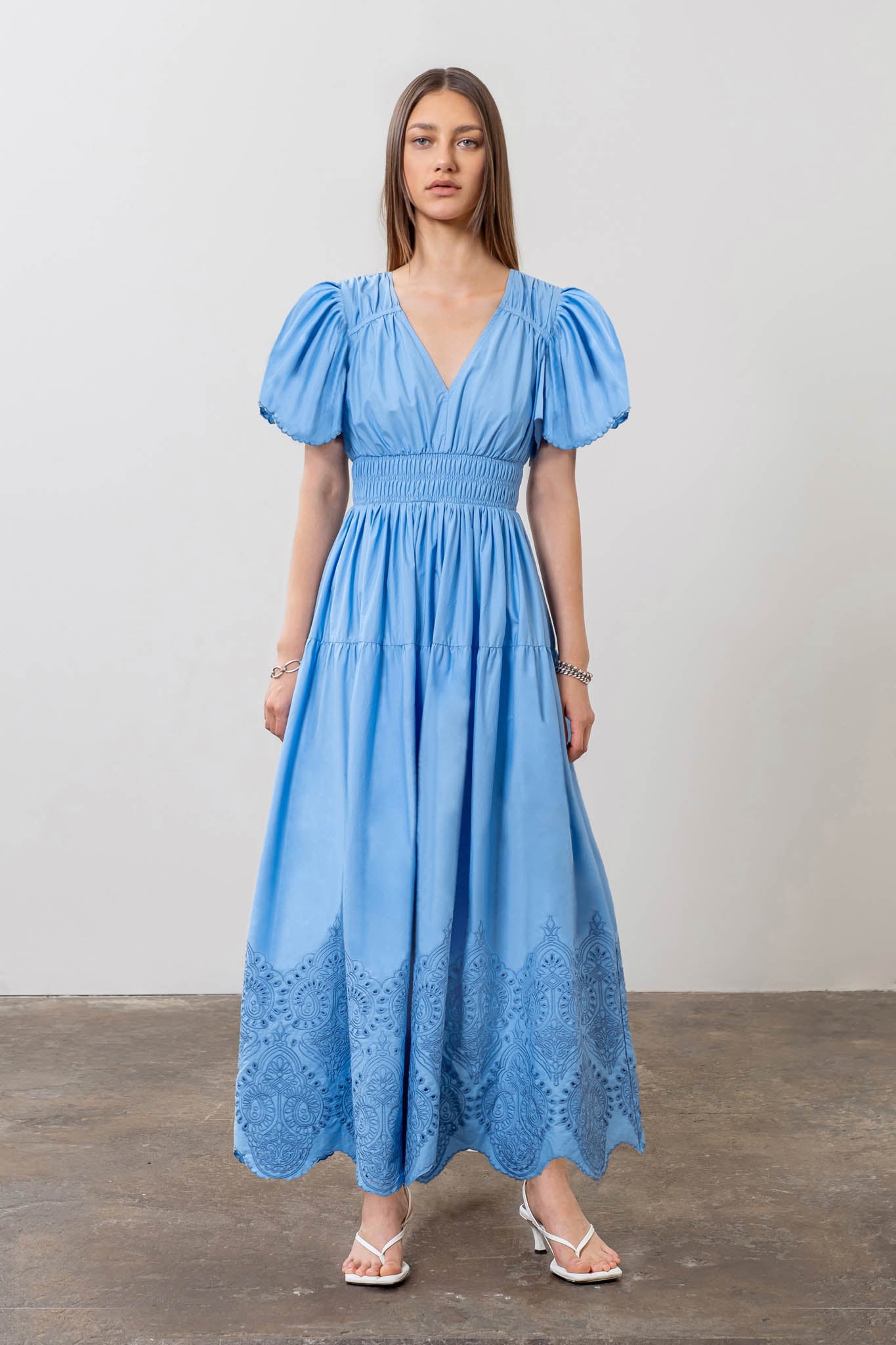 Pleated Eyelet Midi Dress Sapphire Boutique Pleated Eyelet Midi Dress Sapphire Boutique