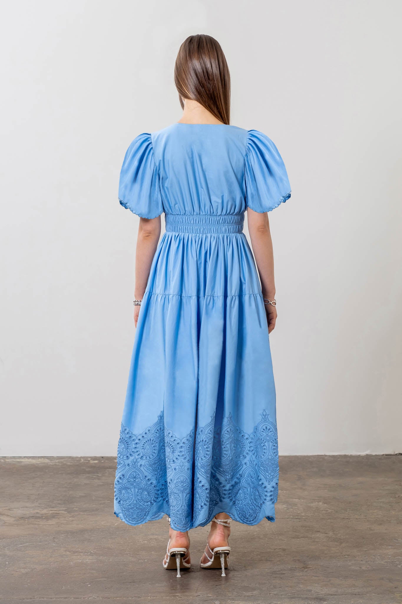 Pleated Eyelet Midi Dress Sapphire Boutique Pleated Eyelet Midi Dress Sapphire Boutique