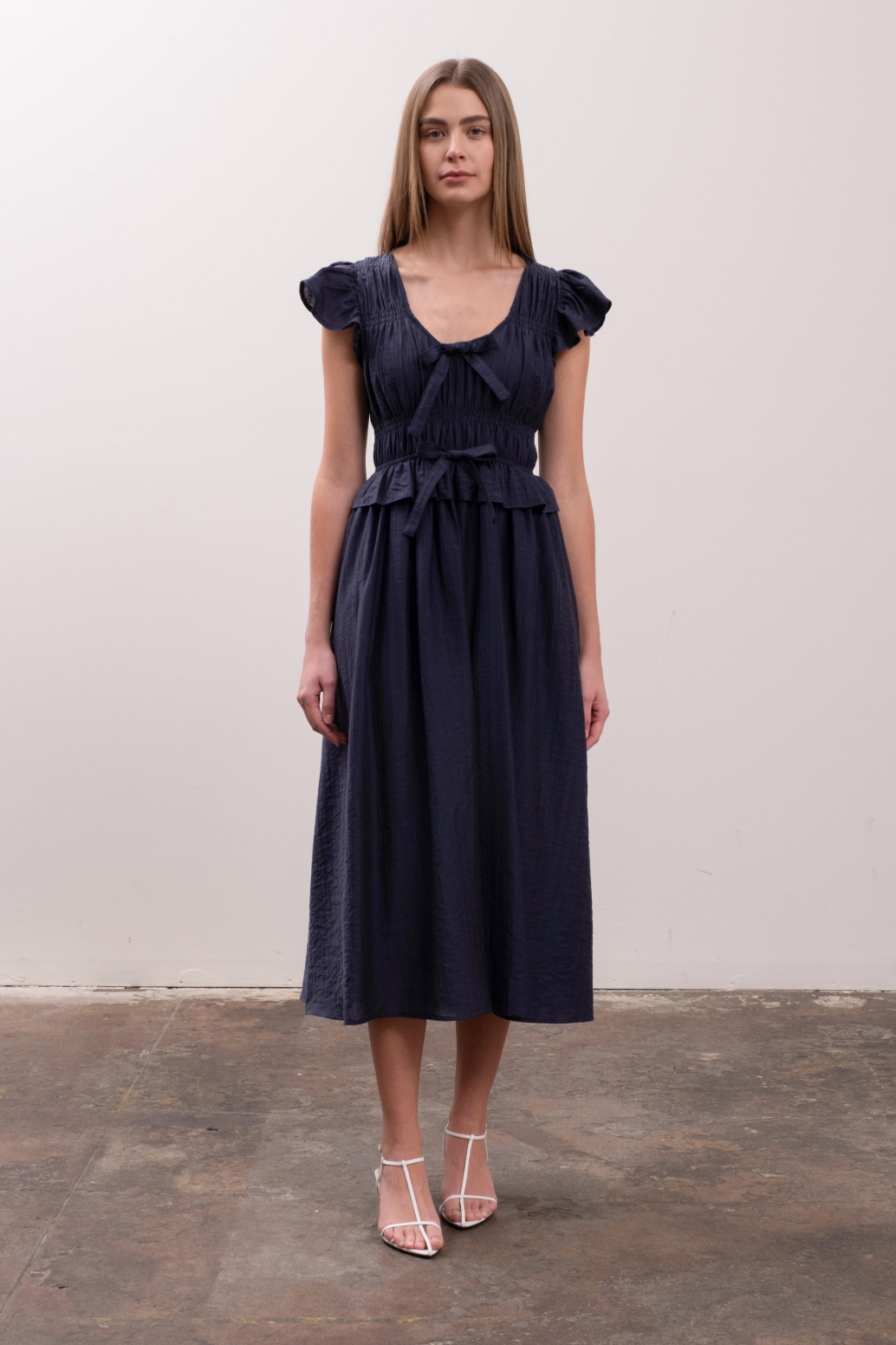 Shirred Navy Midi Dress