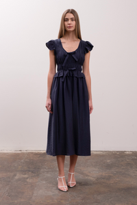Shirred Navy Midi Dress