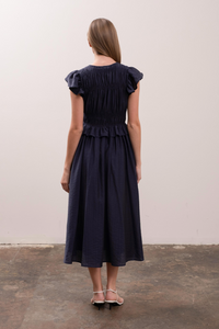 Shirred Navy Midi Dress