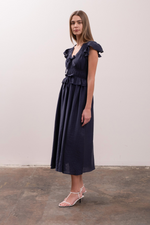 Load image into Gallery viewer, Shirred Navy Midi Dress
