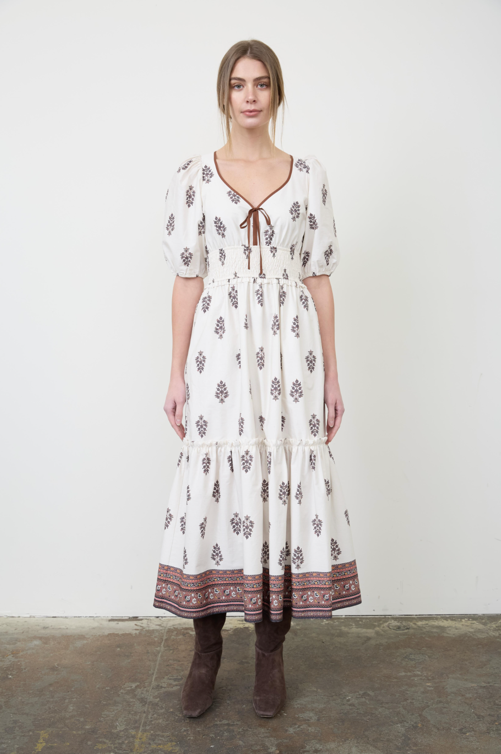 Pleated Puff Sleeve Midi Dress