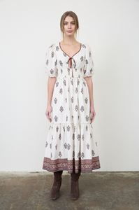 Pleated Puff Sleeve Midi Dress