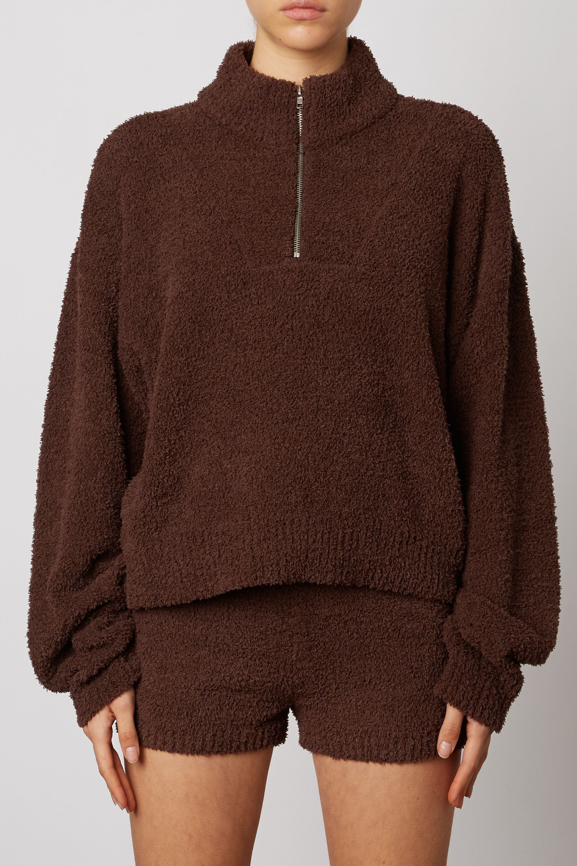 Chocolate Quarter Zip Plush Sweater