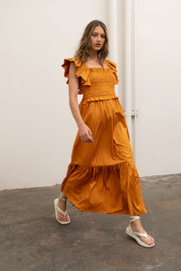 Orange Flutter Sleeve Tiered Dress